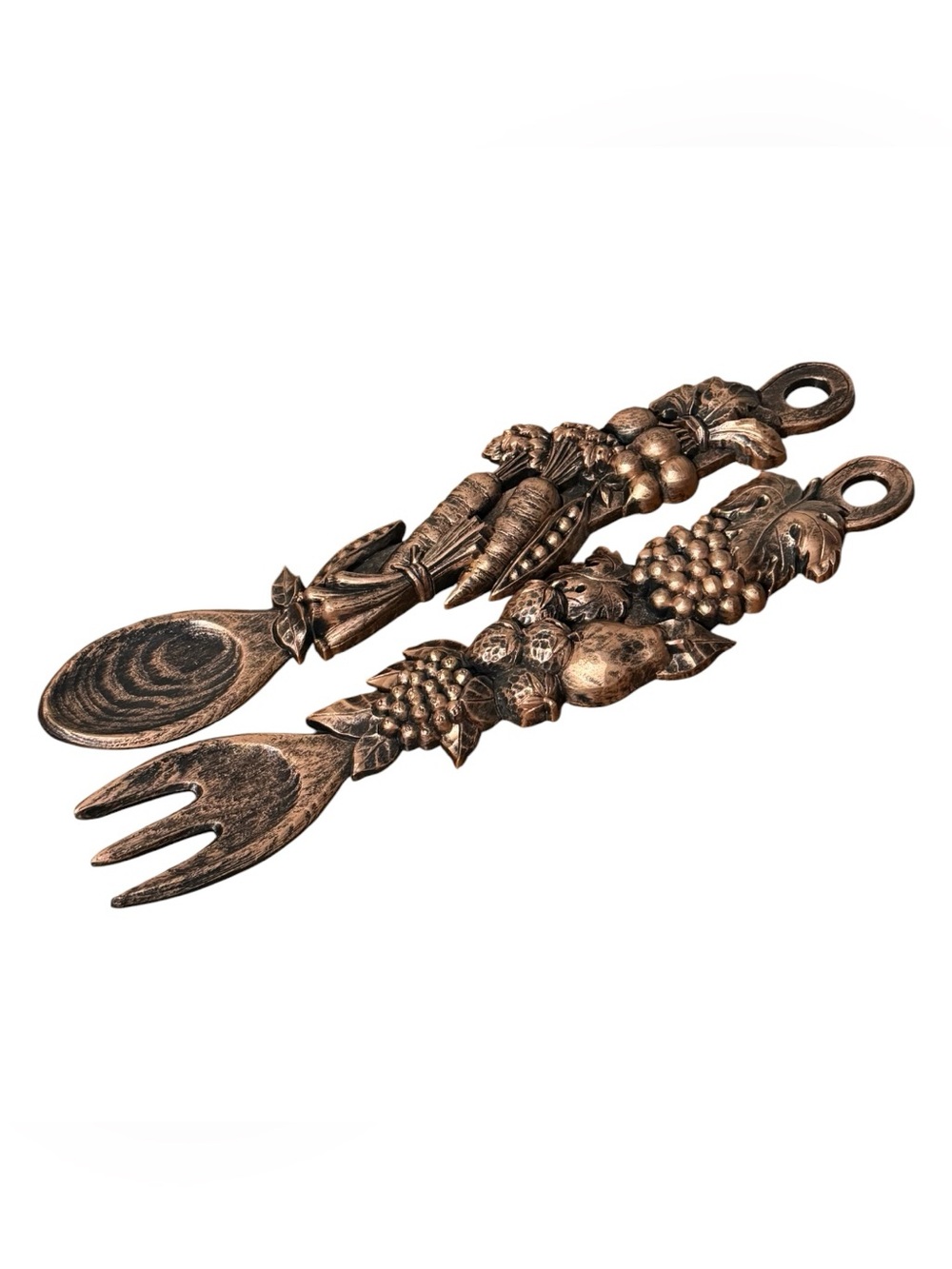 MCM 1970 Oversized Utensils Fork Spoon Wall Hanging Set Of 2 Copper Tone Syroco